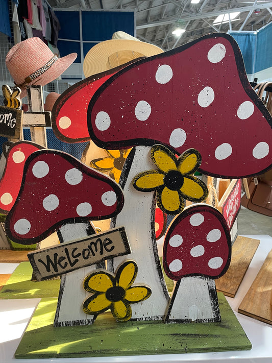 Mushroom wood welcome sign